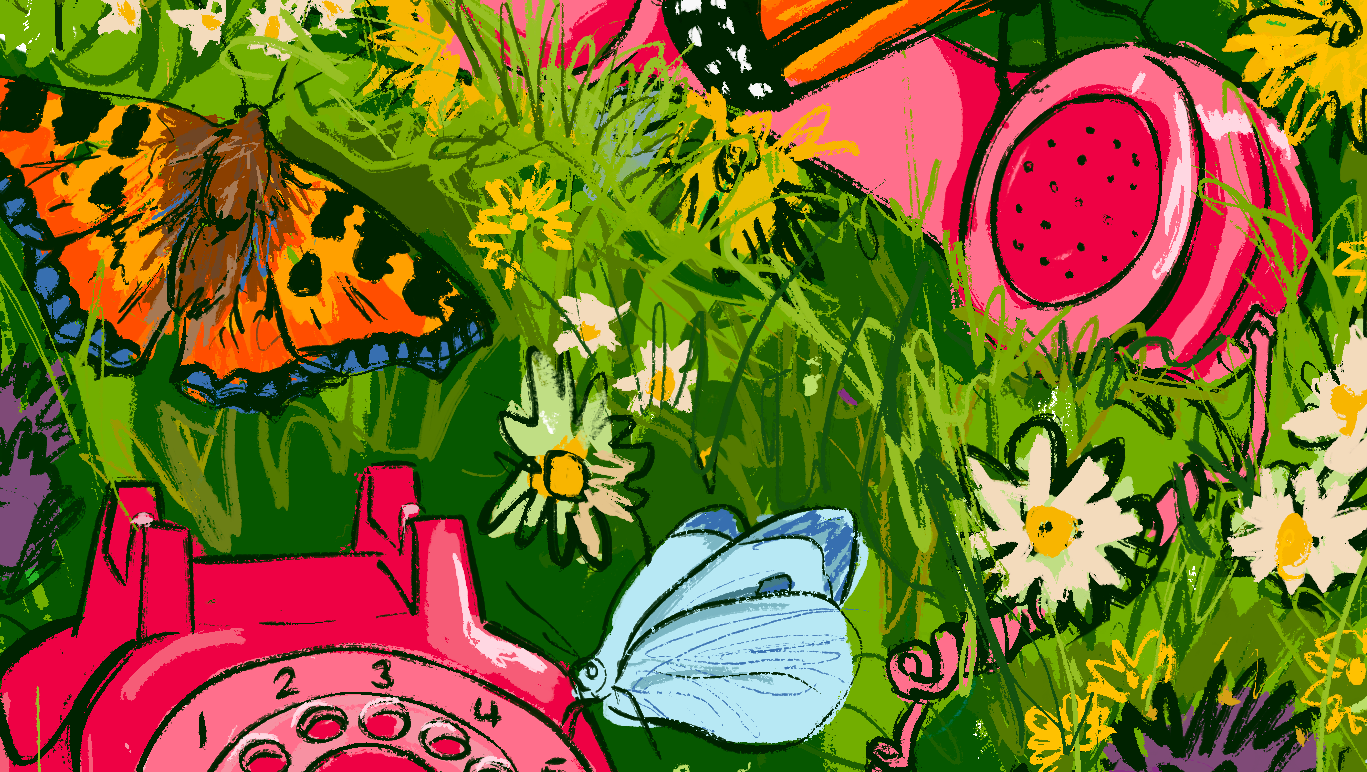 Colorful illustration of a pink rotary phone, butterflies, and flowers on a green background
